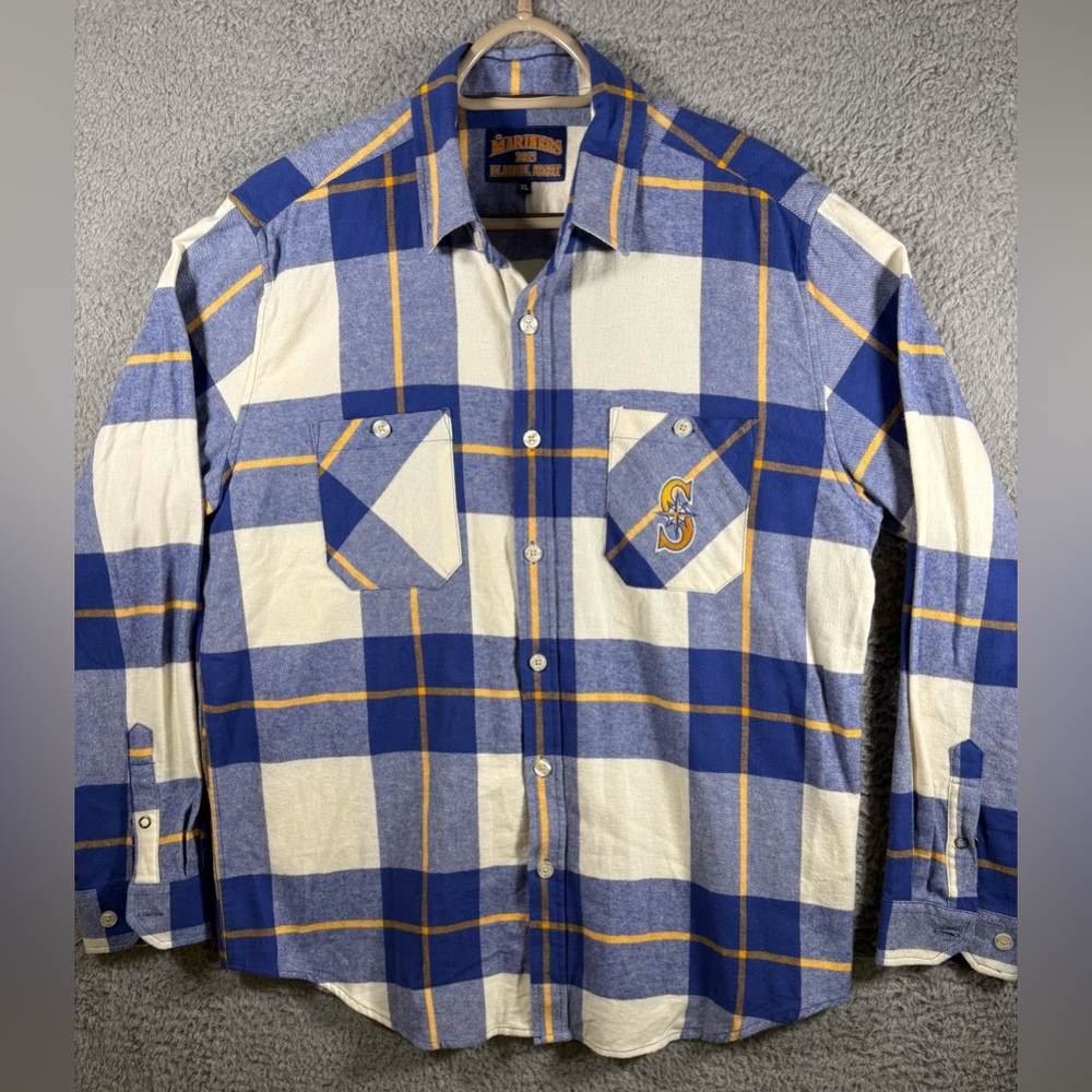 Seattle Mariners 2023 Flannel Night Long Sleeve Button Up Shirt XL Blue Yellow
